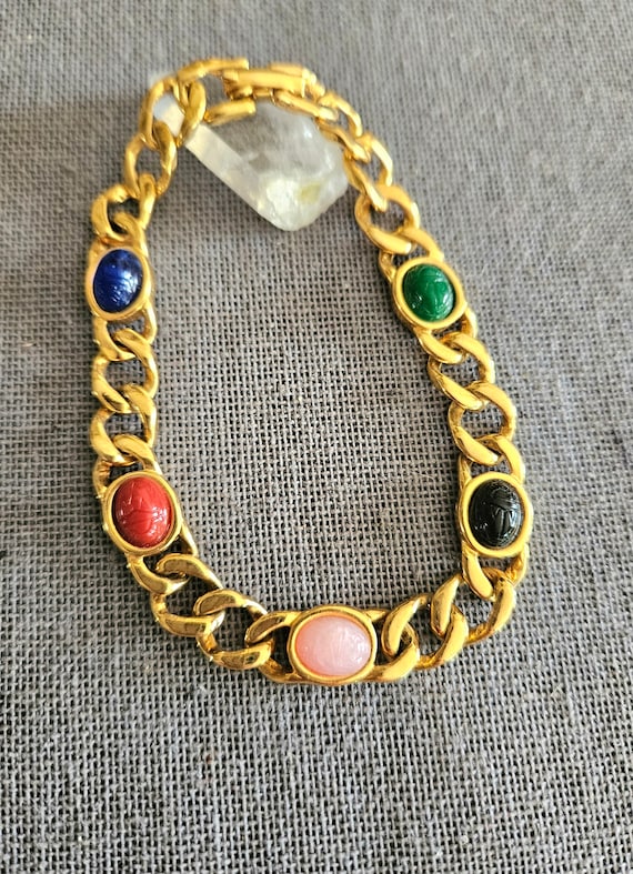 Chunky gold link bracelet Scarab carved stones 198