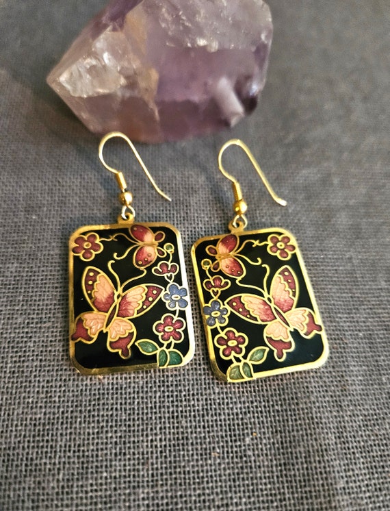 Cloissone floral butterfly post earrings 1980s re… - image 1