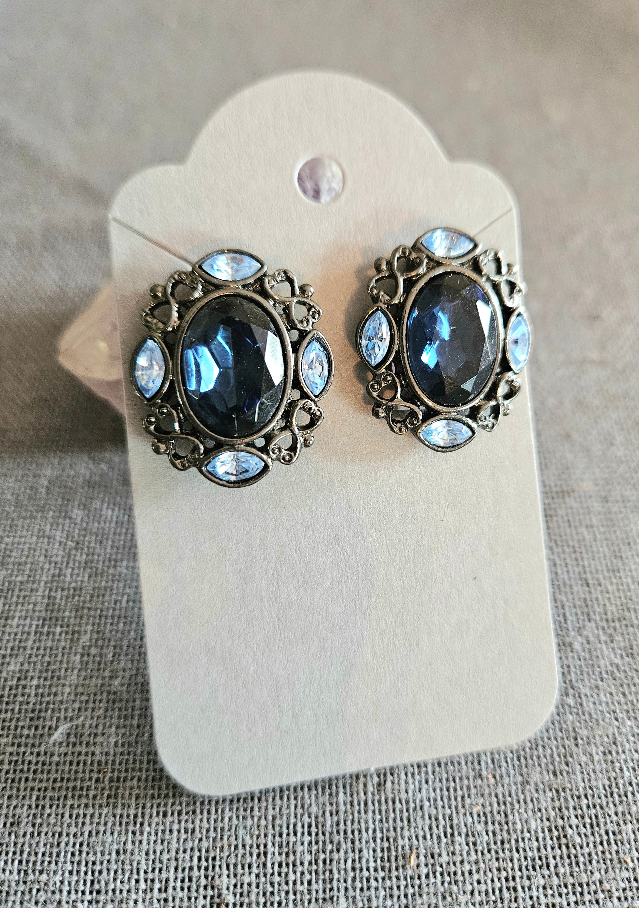 Boucles D'oreilles Vintage Années 50-60 - Verre Gris Métal Hématite - Clips - Occasion