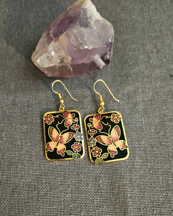 Cloissone floral butterfly post earrings 1980s re… - image 3