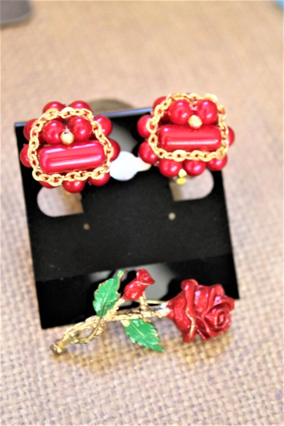 Set of vintage clip earrings & brooch Red Rose, cl