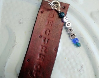 Hand stamped mahogany keyring " secure" anchor w beaded charm HOPE aromatherapy use