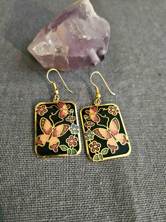 Cloissone floral butterfly post earrings 1980s re… - image 4