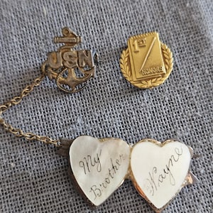 Military pin lot Mother of pearl &quot;Brother Wayne&quot; hearts US Navy tie tack pins 1940s