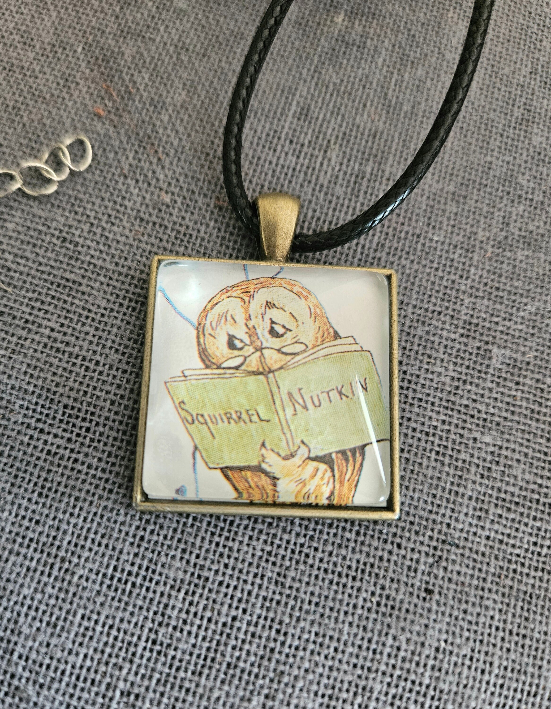 Vintage Beatrix Potter Old owl character necklace children's book page illustration nostalgia