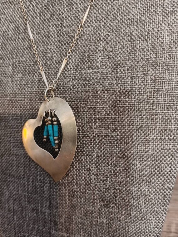 Vintage silver chain w Heart pendant & turquoise … - image 5