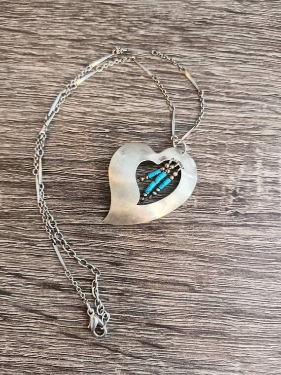 Vintage silver chain w Heart pendant & turquoise … - image 3