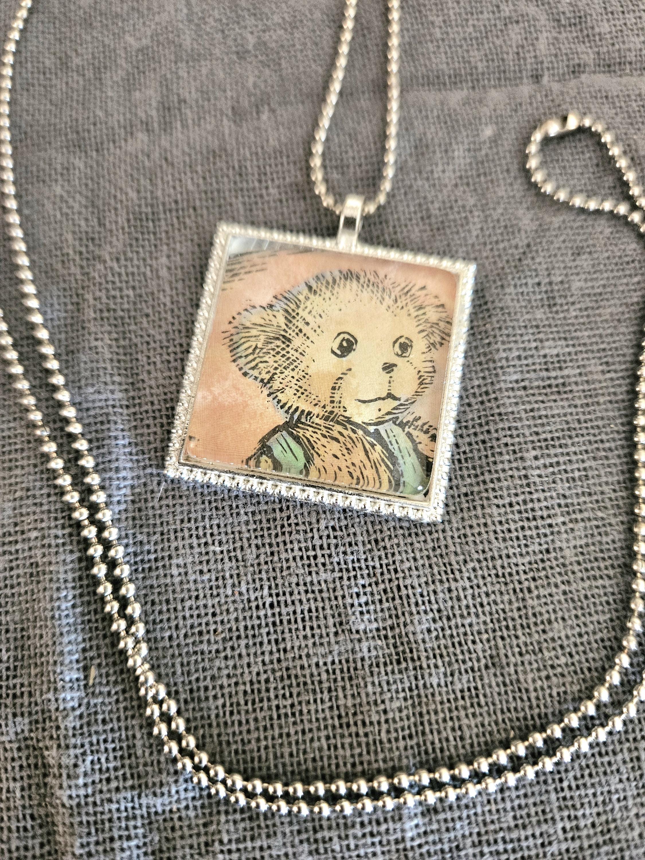 Vintage Corduroy Bear illustration book page silver necklace childrens nostalgia 1968 art original page ooak cabochon pendant on ball chain