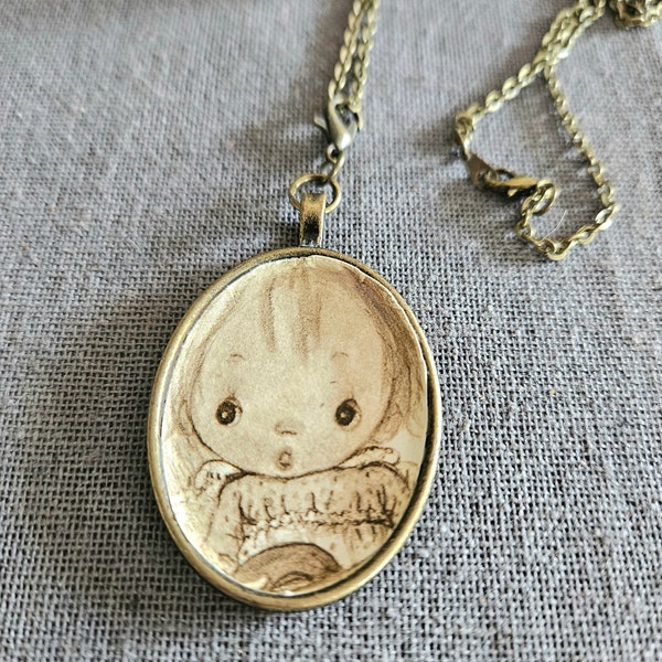 Vintage Betsey Clark illustration Hello Sunshine book page necklace childrens nostalgia 1972 original page ooak pendant brass chain girl