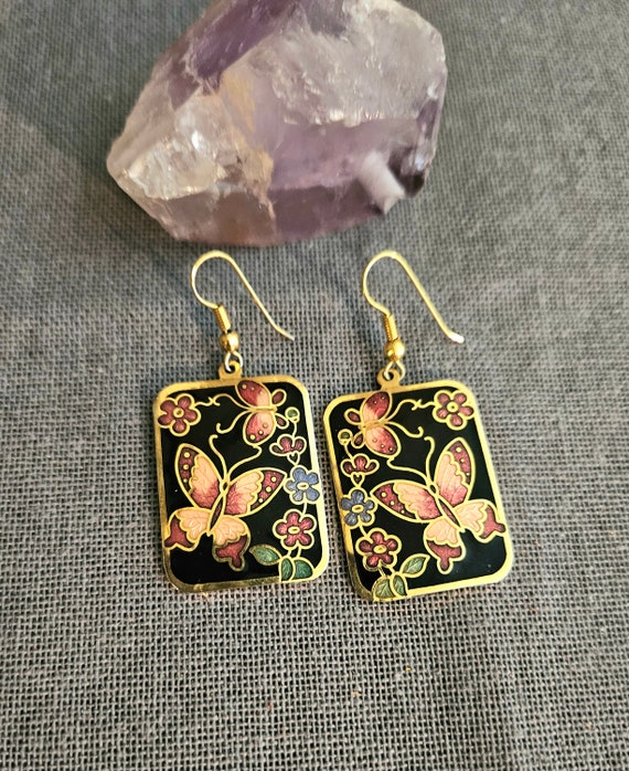 Cloissone floral butterfly post earrings 1980s re… - image 6