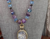 Amethyst glass Necklace w Lavender locket, Victorian, Steampunk, Boho OOAK