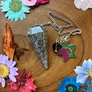 May include: A gray and white speckled crystal pendulum with a silver chain and charm. The charm includes a clear bead, a black bead, and two star-shaped pendants, one purple and one green. Dried flowers in various colors surround the pendulum.