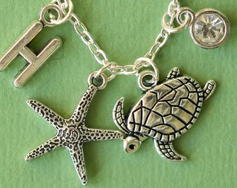 Turtle & Starfish Charm Necklace: Silver Plated Sea Creature Jewelry