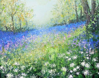 May include: A painting of a forest scene with a field of bluebells in the foreground. The bluebells are in full bloom and the trees are green and lush. The painting is done in a loose, impressionistic style.
