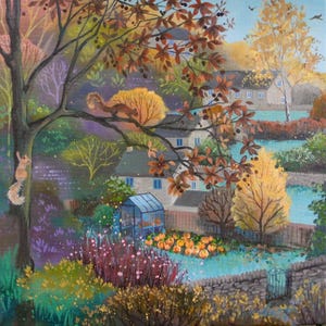 May include: An oil painting depicting an autumn garden scene with a large tree in the foreground, two squirrels, a small blue greenhouse, and a patch of orange pumpkins. The background features stone houses, yellow trees, and a stone wall.