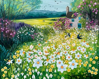 Magnolia Cottage- Giclee Fine Art Print Signed Open Edition Cotswold Countryside Landscape Spring Nature Wildflower Artwork Decor Wall Art