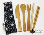 Utensil Set - Bamboo - Travel Pouch with Black Flower of Life
