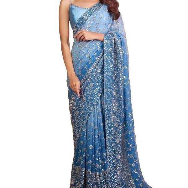 Georgette silk embroidery work saree  bollywood party wear blue designer sari with lace border