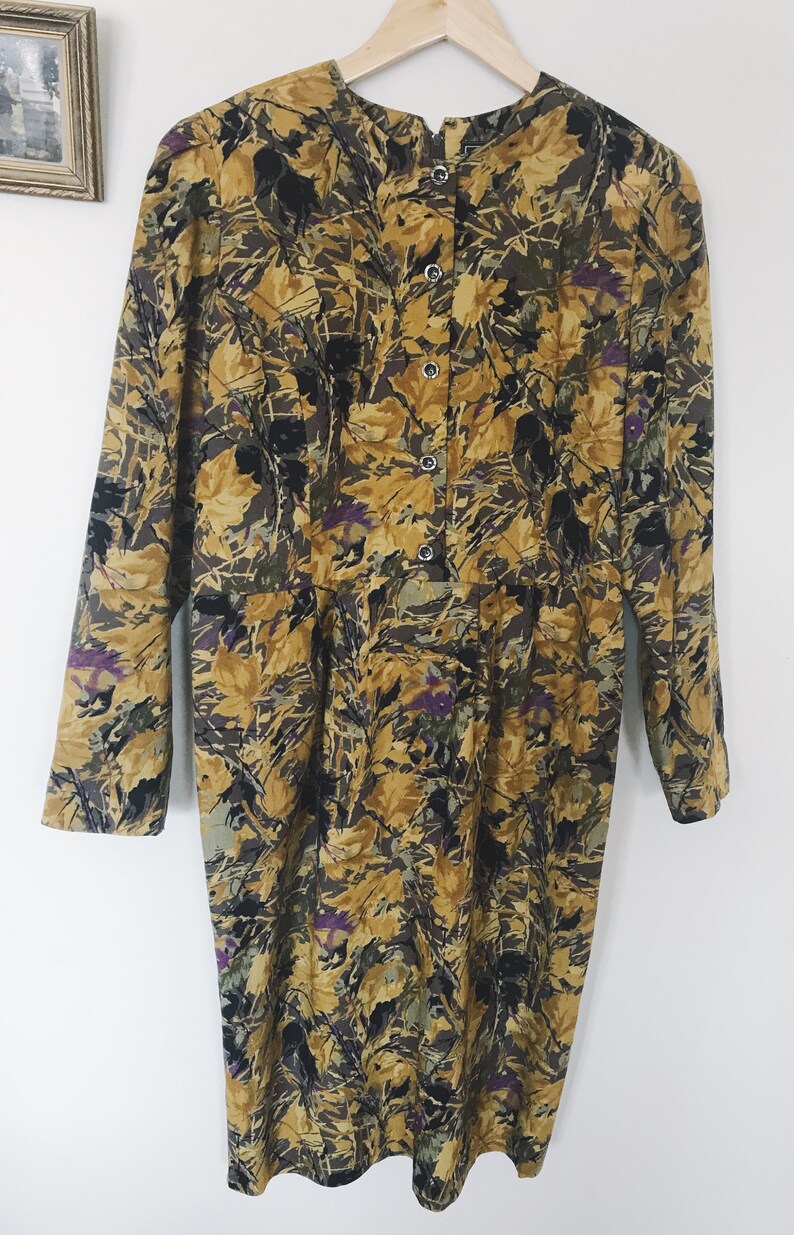 Vintage Floral Dress / Floral Dress / Midi Dress / Vintage Cocktail Dress / Shoulder Pads / Mustard Yellow / Formal Dress / Size 12 image 4