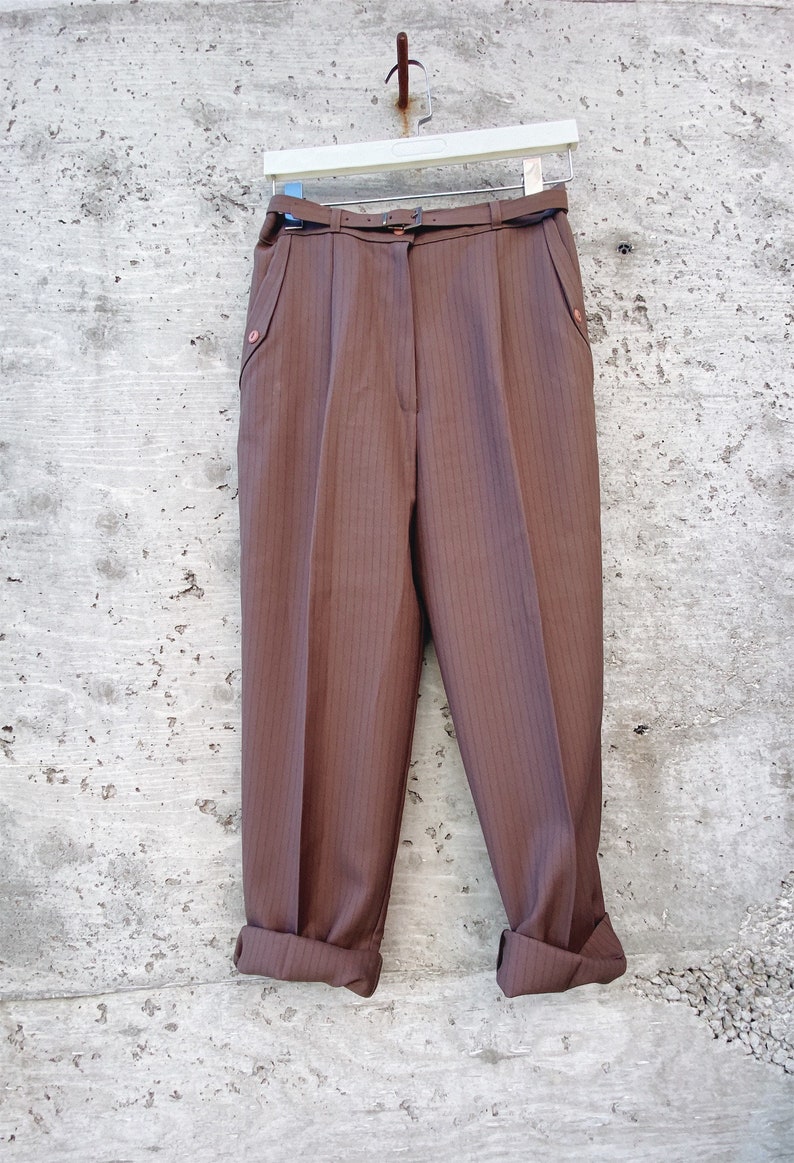 Vintage Trousers / High Waisted Trousers / Pinstriped Trousers / Brown / Wide Leg / Streetwear Pants / image 6