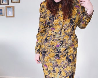 Vintage Floral Dress / Floral Dress / Midi Dress / Vintage Cocktail Dress / Shoulder Pads / Mustard Yellow / Formal Dress / Size 12