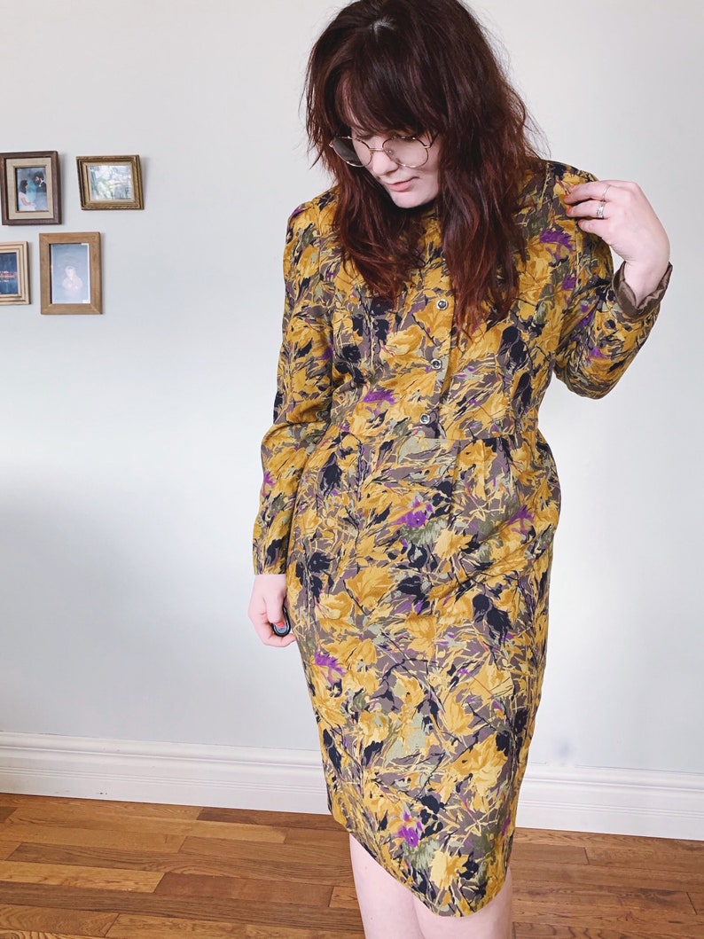 Vintage Floral Dress / Floral Dress / Midi Dress / Vintage Cocktail Dress / Shoulder Pads / Mustard Yellow / Formal Dress / Size 12 image 1