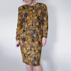 Vintage Floral Dress / Floral Dress / Midi Dress / Vintage Cocktail Dress / Shoulder Pads / Mustard Yellow / Formal Dress / Size 12 image 3