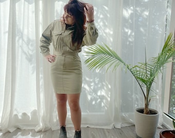 Vintage Uitility Dress / Khaki Dress / Vintage Mini Dress / Vintage Military / Long Sleeve / Button Up / Mini Dress / Desert / SPRIT / LG