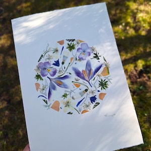Biglietto botanico con fiori primaverili pressati VERI, regalo personale, regalo fatto a mano, arte con fiori pressati, biglietto di auguri, design unico, Oshibana