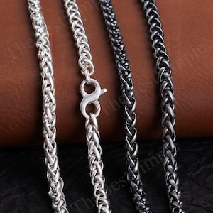 925 Silver Wheat Chain Necklace, Oxidized Braided Wheat Chain Silver, Braided Wheat Style Chains for Pendants, 4mm Braid Chain for Boyfriend