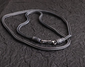 Colar com corrente rabo de raposa em prata oxidada de 3 mm, corrente rabo de raposa em prata de lei 925, colar trançado unissex, colar com corrente viking em prata.