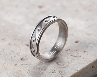Vintage Oxidized Sterling Silver Greek Wave Ring for Men & Women, Engraved Ocean Waves Eternity Band Ring, Trendy Gift, Summer Jewelry