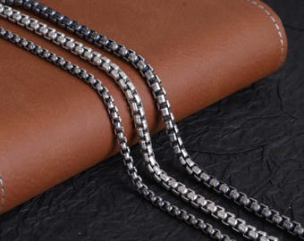 Oxidized Solid Silver Round Box Chain Necklace for Men and Women
