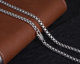 Solid Sterling Silver Box Chain, Unisex Round Link Necklace