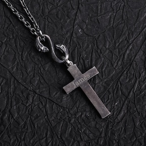 Engraved Silver Skull Cross Necklace Personalized Custom Oxidized Silver Cross Chain Skull Cable Chain Jewelry Birthday Gift for Christian