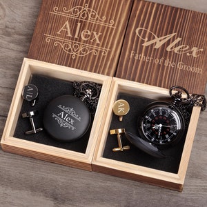 Engraved Pocket Watch Wedding Groomsmen Gifts, Best Man Gift Pocket Watches with Cufflinks, Father of the Groom Gift