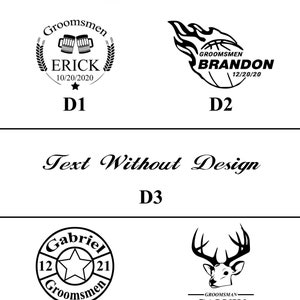 May include: Black and white box design options. Includes designs with text such as "Groomsmen" and names like "Erick", "Brandon", "Gabriel", and "Calvin", along with dates. The designs feature elements like beer mugs, a basketball, a star, and a deer head.