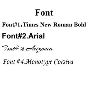 May include: A white background displays the word "Font" in bold black text. Below, four font styles are listed: Times New Roman Bold, Arial, Arizonia, and Monotype Corsiva. Each font is labeled with a number.