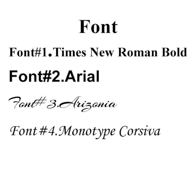 May include: A white background displays the word "Font" in bold black text. Below, four font styles are listed: Times New Roman Bold, Arial, Arizonia, and Monotype Corsiva. Each font is labeled with a number.