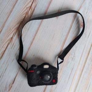 May include: A black felt camera with a red and white detail, hanging from a black strap.
