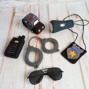 Newborn Felted police officer props, Felted police car toy, Police handcuff, Police badge, Felted police props, Newborn felted Photo props