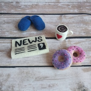 Newborn Felted coffee cup and newspaper, Felted slippers,Croissant, Newborn Felted prop,Newborn felted Photo Props,Newborn PhotoProps Decor