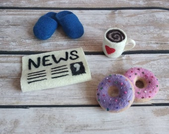 Newborn Felted coffee cup and newspaper, Felted slippers,Croissant, Newborn Felted prop,Newborn felted Photo Props,Newborn PhotoProps Decor