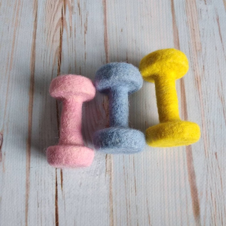 May include: Three felt dumbbells in pink, blue, and yellow. The dumbbells are arranged in a row, with the pink dumbbell on the left, the blue dumbbell in the middle, and the yellow dumbbell on the right.
