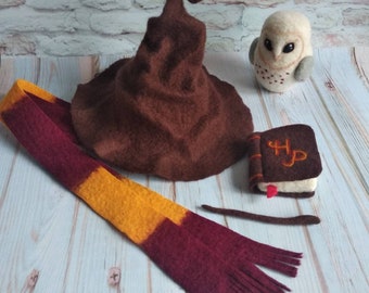 Chapéu de mago de feltro Coruja de feltro Varinha mágica Cachecol de feltro Adereços para fotografia Chapéu de feltro para recém-nascido Adereços de decoração de feltro, Chapéu de bruxa fantasia para recém-nascido