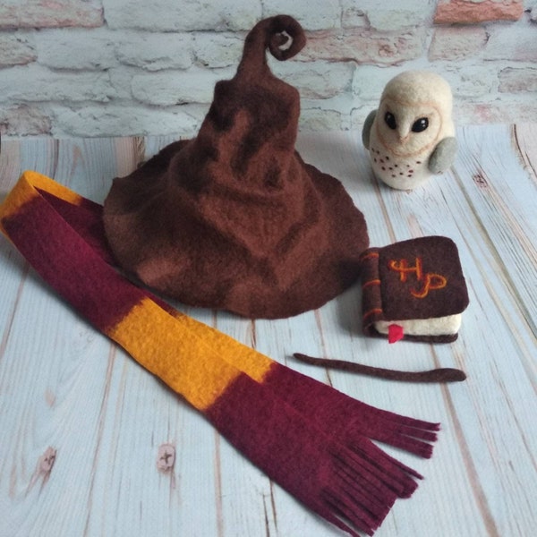 Felted wizard hat Felt owl Magic wand Felted scarf Photography props Felted newborn hat Felt decor props,Newborn prop witch hat fantasy