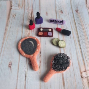 Felted newborn cute makeup set for a baby girl,lipstick, mascara, nail polish, eyeshadow, mirror,Newborn props,Felted decor, Felted Props