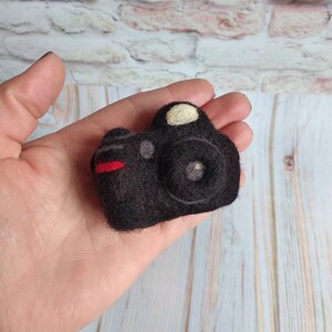 May include: A black felt camera with a red stripe and a white lens. The camera is handmade and has a vintage look.