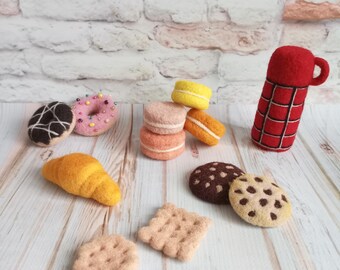 Felted Cookies and Thermos props, Wool Cookies, Croissant, Doughnut, Newborn Photo Props, Felted Sweeties, Fake food Props, Picnic props