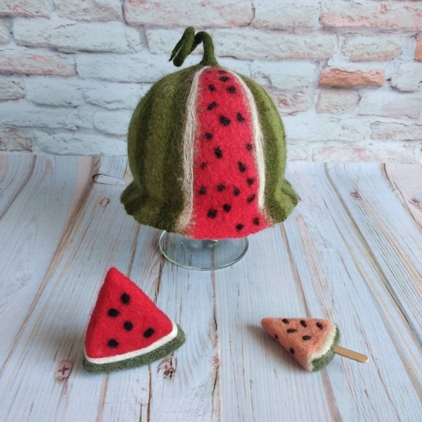 Newborn Felted watermelon hat, Watermelon slice Fruit icecream, Newborn Felt Hat,Newborn pixie hat,Newborn Felted Photo props, Felted decor